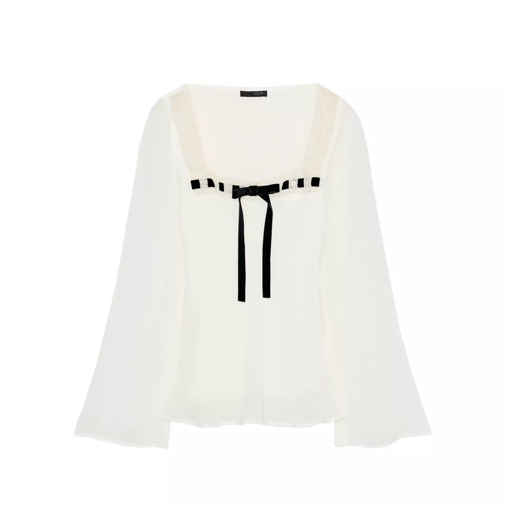 Zara Georgette Lace Bow blouse. Size S. NWT